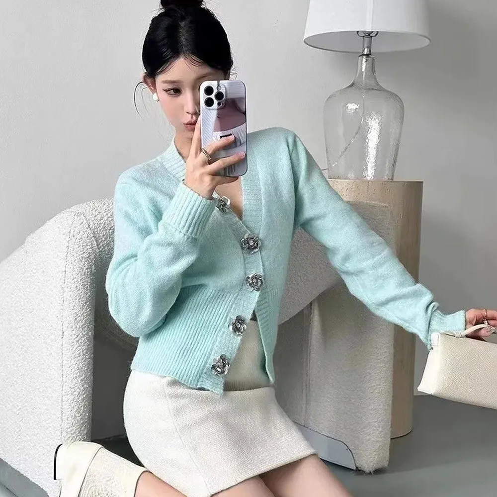 Lazy Style Sweaters For Women Fashion Mint Green Sexy V Neck Cardigan Autumn Sequin Flowers Decoration Button Knitted Top Ladies