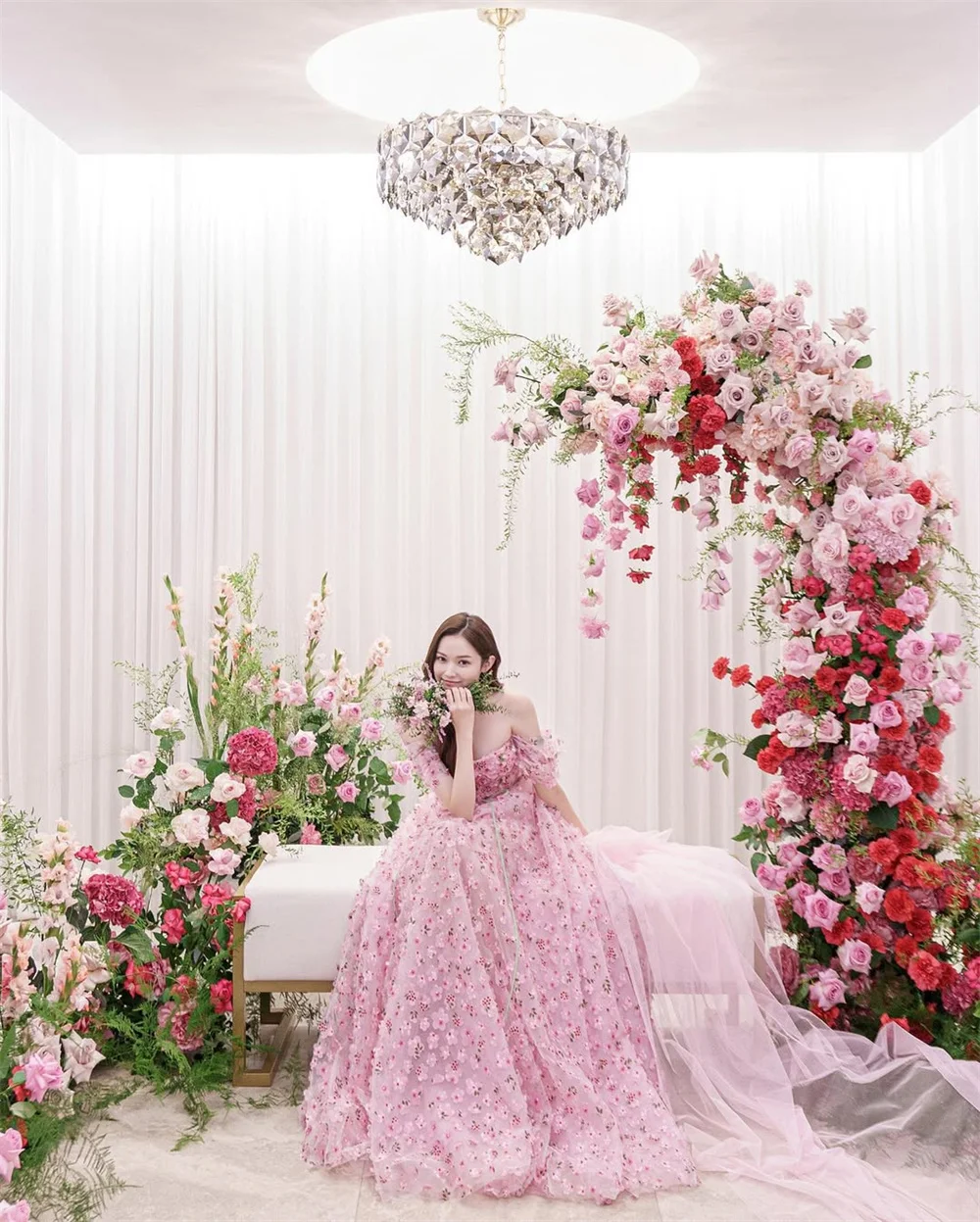 TULX 럭셔리 레이스 꽃 이브닝 드레스 한국 웨딩 사진 촬영 Strapless 짧은 소매 파티 드레스 코르셋 핑크 긴 맞춤형