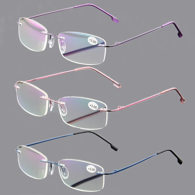 Frauen Lesebrille Randlose Schnittkante Presbyopie Brille Anti Blaues Licht Anti Müdigkeit Plus Brille Presbyopie Klare Linse