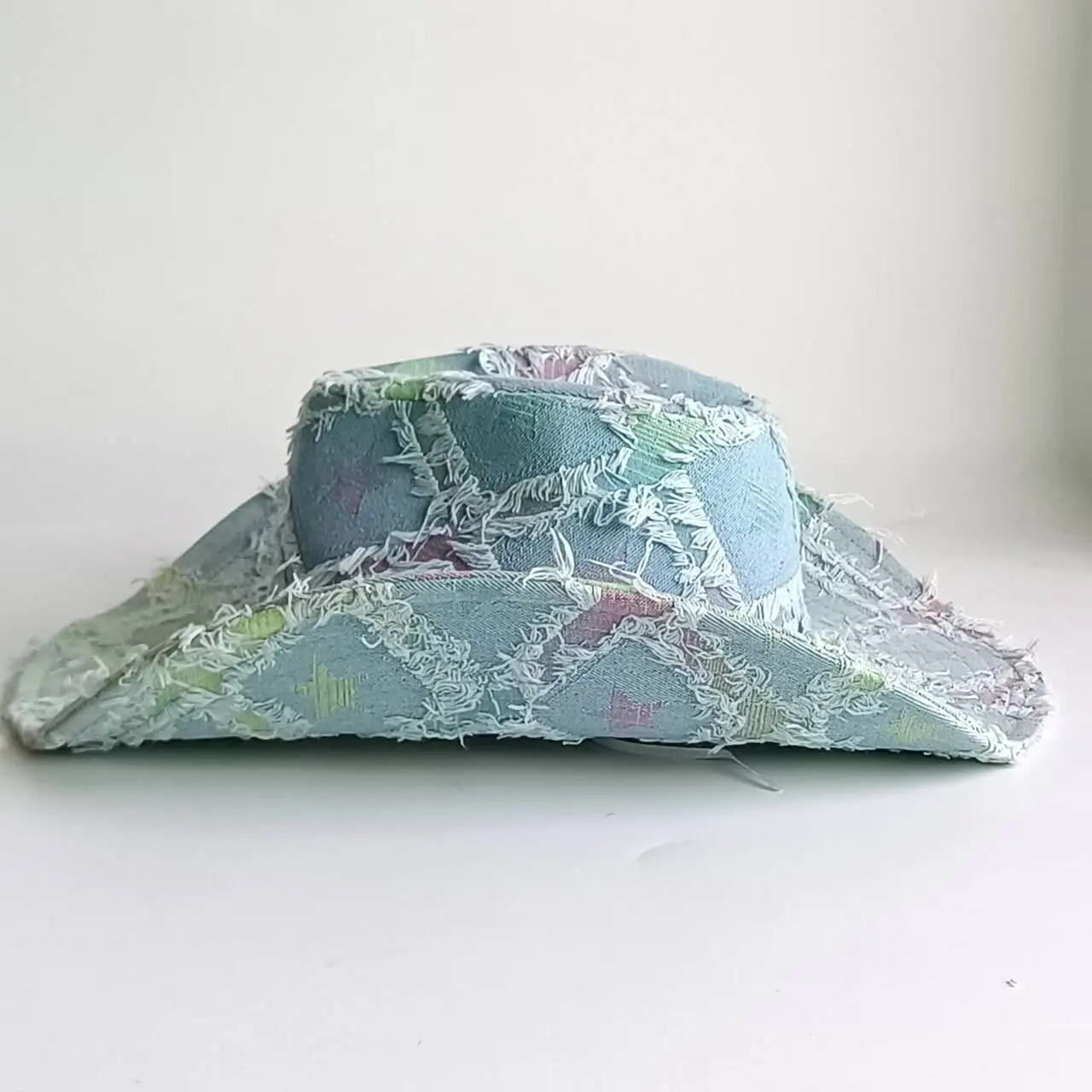 Frayed Star Print Denim Western Cowgirl Hat Vintage Distressed Fringe Wide Brim Cowboy Hat Y2K Pastel Color Outdoor Festival Vac 4