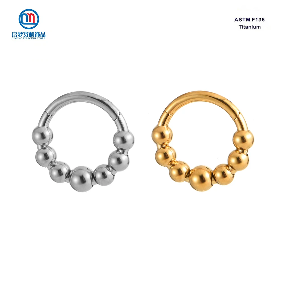 QM ASTM F136 Titanium Bead Clusters Septum Hinged Clicker Nose Hoop Ring Earrings Body Piercing Jewelry