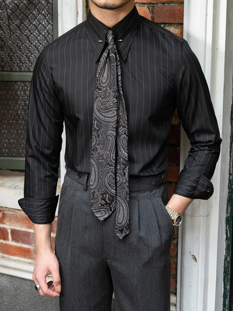 

Slim Fit Long Sve Striped irt Iron Free Italian Sle Busin Faion Mr Deer Tee Stand Tailoring Polyester Blend