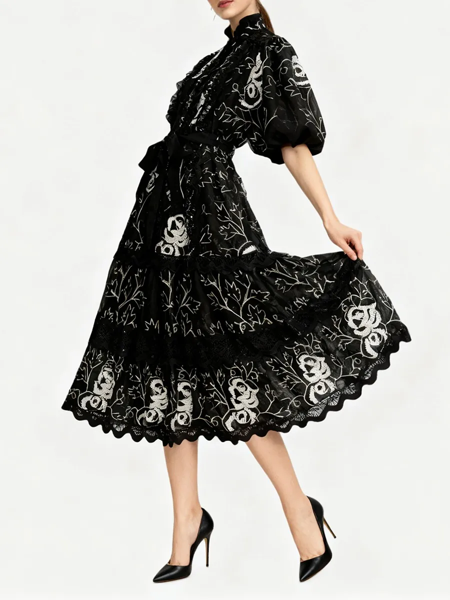 TWOTWINSTYLE الطباعة شير تقسم الدانتيل فساتين أنيقة للنساء الجولة الرقبة قصيرة الأكمام Pathwork الدانتيل يصل فستان طويل الإناث #4