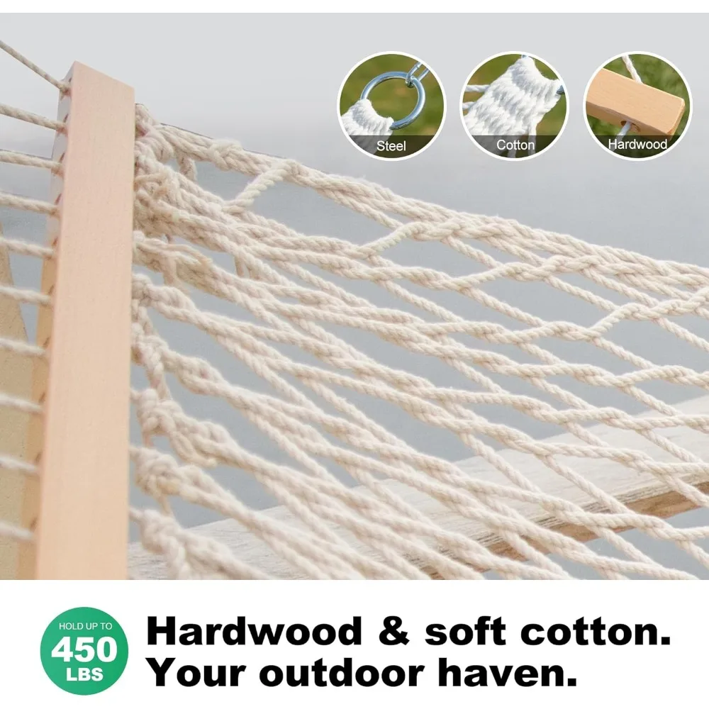 12ft Double Hammocks, Handwoven Traditional Cotton Rope Hammock with Hardwood Spreader Bar, Chains and Hooks for Indoor Outdoor