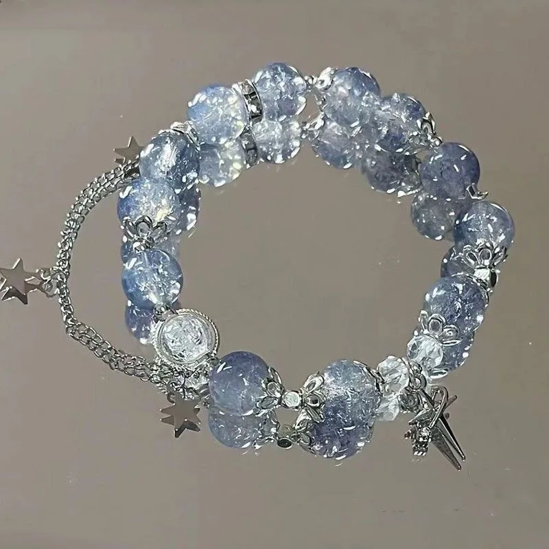 Fashion Blue Crystal Beads Bracelets for Women Girls Sweet Cute Star Cross Tassel Charm Bracelets Party Jewelry Gifts 2024 New