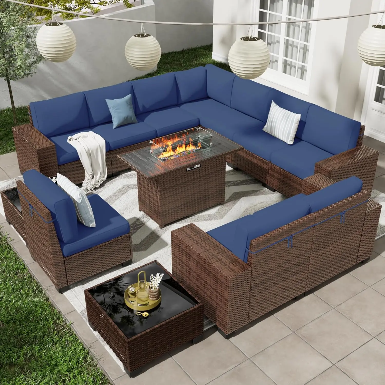 Outdoor Sectional Patio Furniture Set with 44'' Propane Gas Firepit Table, Widen Wicker Armrests and High Back,Waterproof Cover