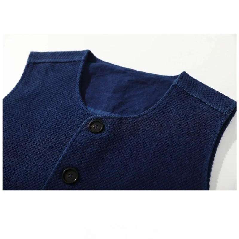 Japanese Retro Indigo Dyed Men's Vest- Kendo Fabric, Multi-Pocket