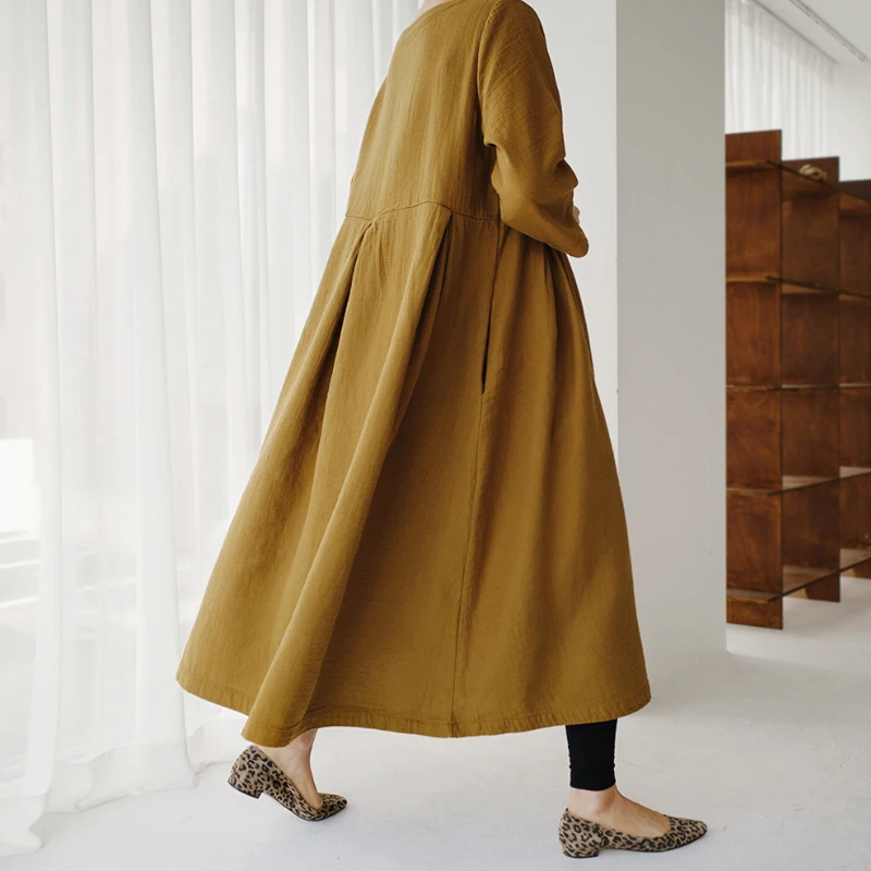 Johnature New Korean Women Clothing Dresses 2025 Autumn O-neck Casual Pockets A-line Loose Solid Color Female Dress