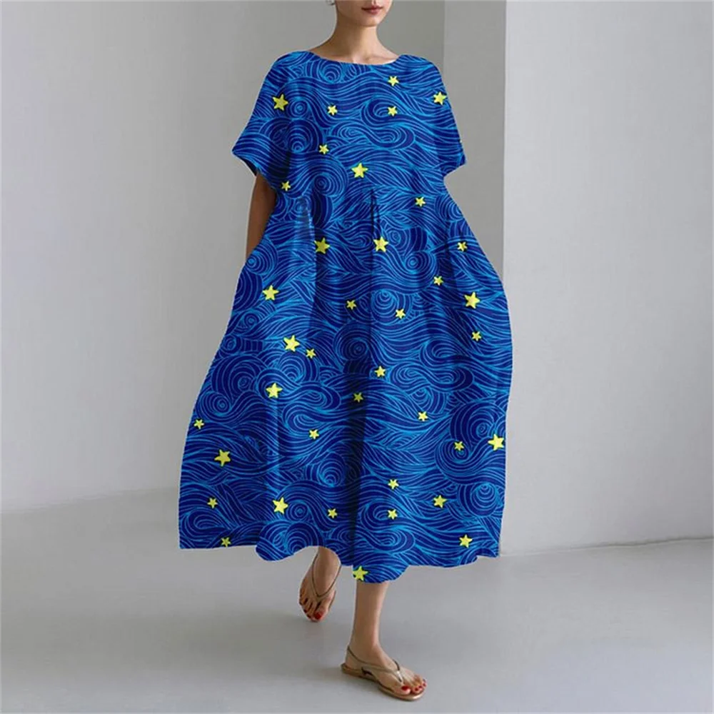 Women's Casual Elegant Dress Summer New Fashion Five-pointed Star Print Short Sleeve Long Skirt Women's Round Neck Pocket Dress