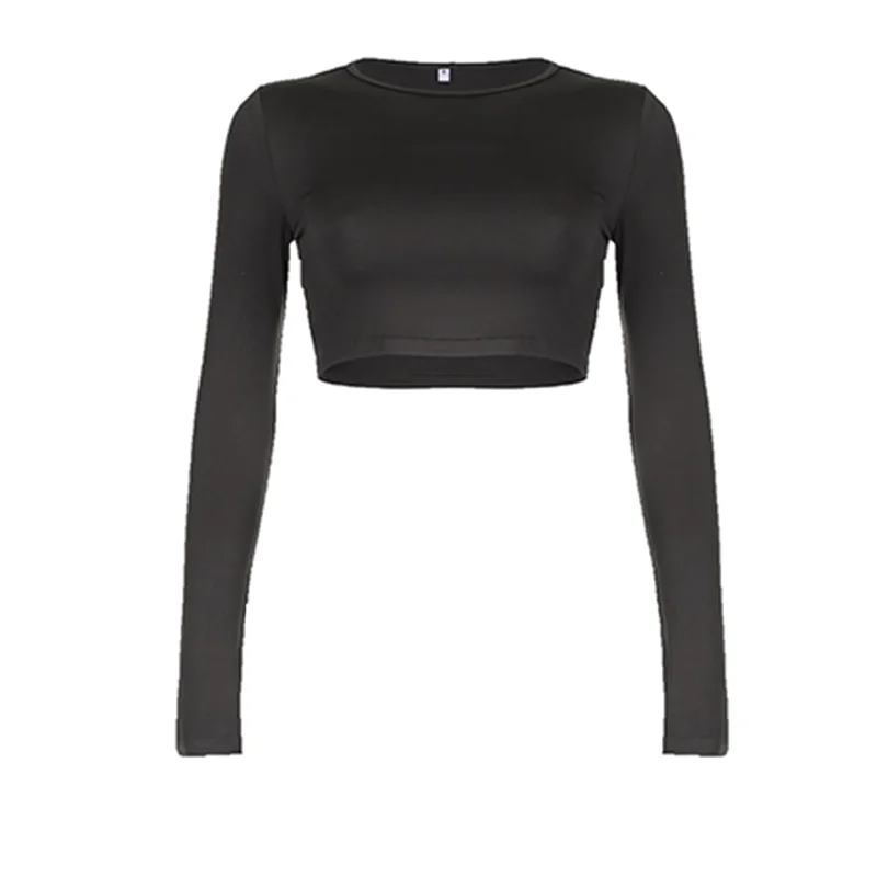 Rockmore Solid Crop Top for Women Crewneck Basic Long Sleeve Slim-fitting T Shirts Y2K Aesthetics Spring Fall Comfort Tees