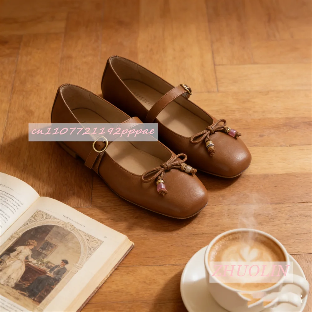 

2026 New Bow-Tie Brown Mary Jane Shoes Lady Retro Round Toe Low-Cut Ballet Flats Elegant Party Height-Increasing Women'S Shoes
