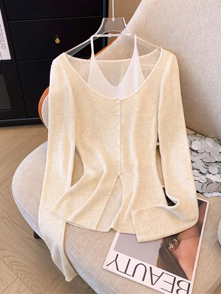 Fashion Fake Two Pieces Patchwork Knitted Sweater Autumn Winter Women Long Sleeve Slim Halter Top Korean Style Button Pullover