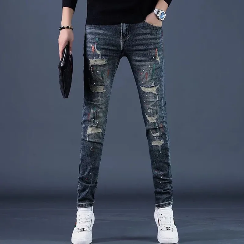 

Autumn and Spring New Fashion Trend Printed Ripped Straight Leg Vintage Denim Pants for Men Casual Sports High Quality Jeans