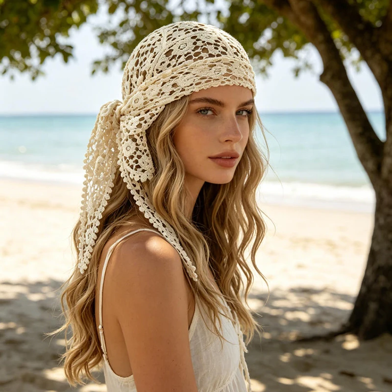 Boho Hollow Crochet Hair Scarf For Women,floral Lace Knotted Bandana Head Wrap,long Tassel Tie Back Headband For Beach Vacations