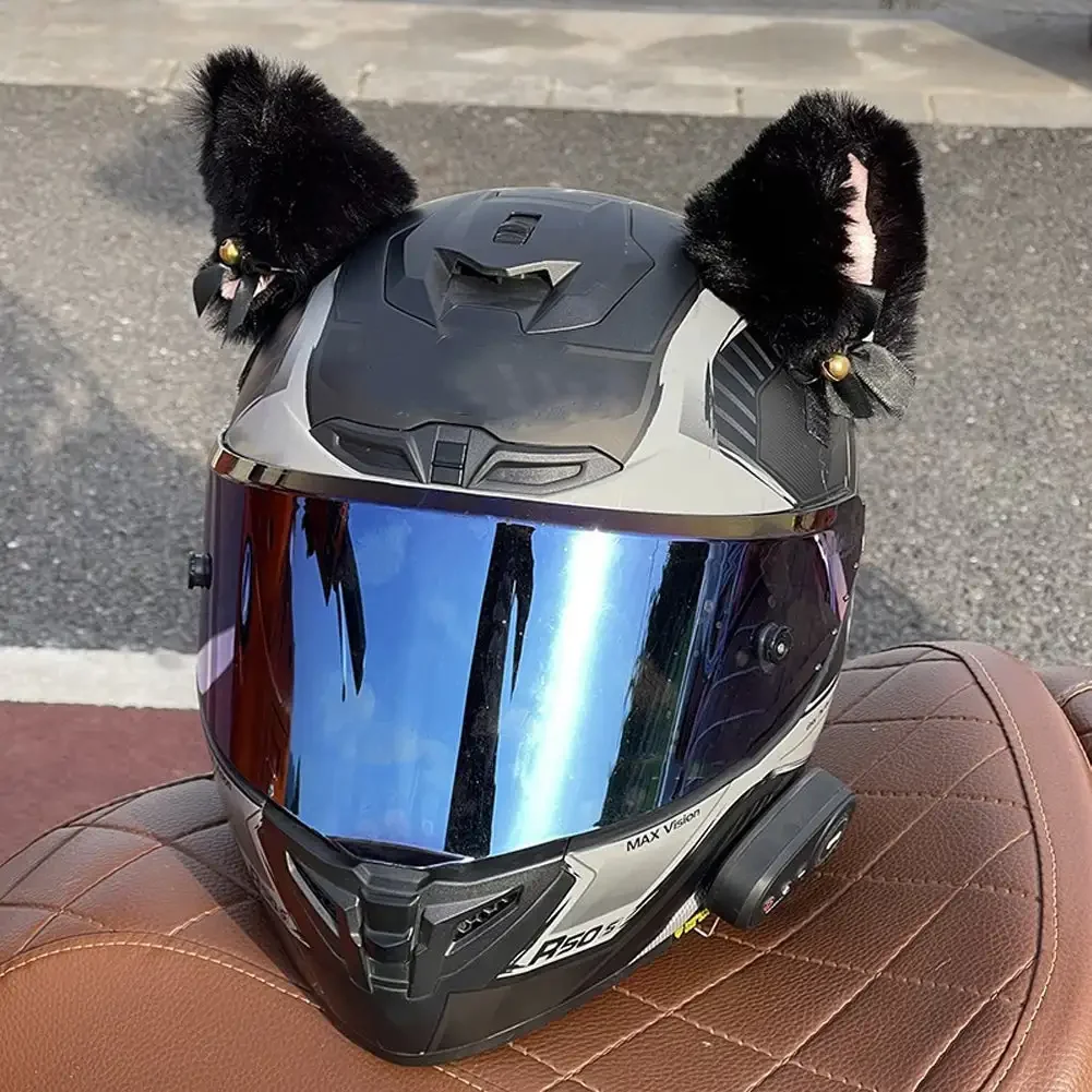 Casco de motocicleta de felpa de 2 piezas, decoración de orejas de gato para Motocross, pegatinas de felpa para Cosplay, decoración de cara completa para casco todoterreno