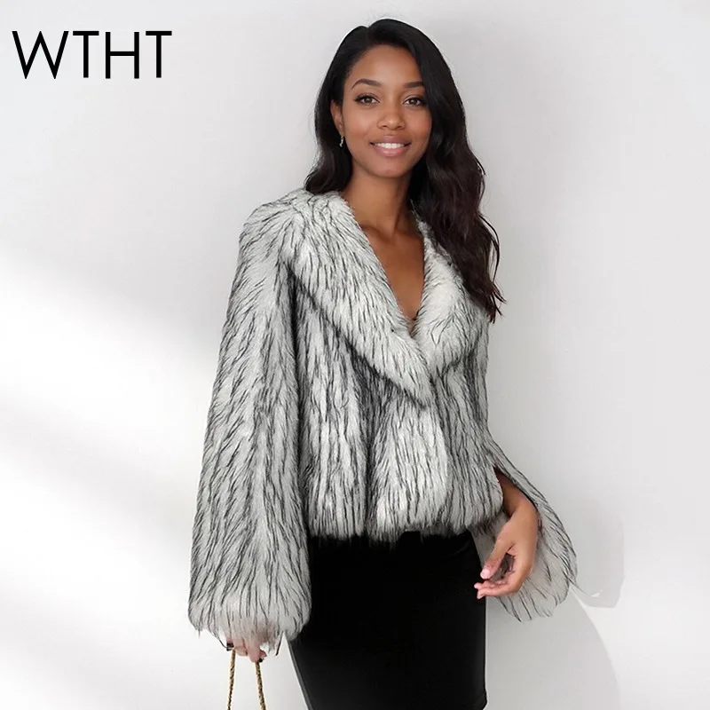 WTHT جديد عصري المرأة التباين اللون التدرج أفخم سترة الفراء وهمية 2025 الشتاء موضة التلبيب معطف طويل الأكمام الإناث 1LS2575