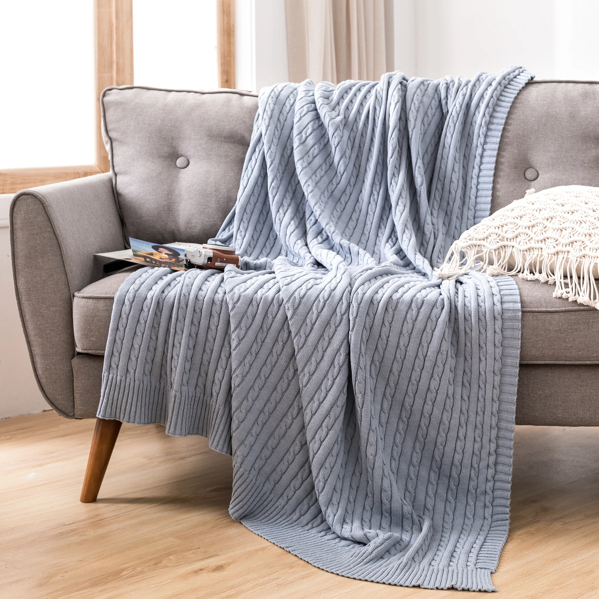 Battilo Cotton Knitted Throw Blanket Soft Cozy Cable Knit Sofa Throws Large Heavyweight Decorative Blanket for Twin Queen Bed