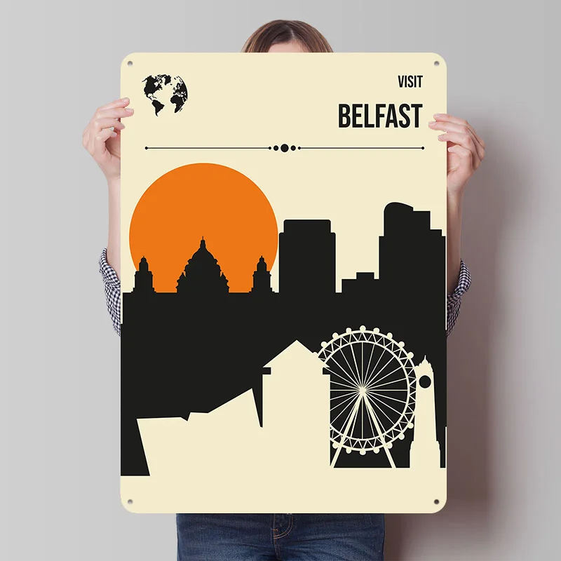 Visit Belfast Travel Poster Customized Vintage Metal Signs Wall Art Retro Tin Plaque for Modern Home Decoration Ornaments Garden