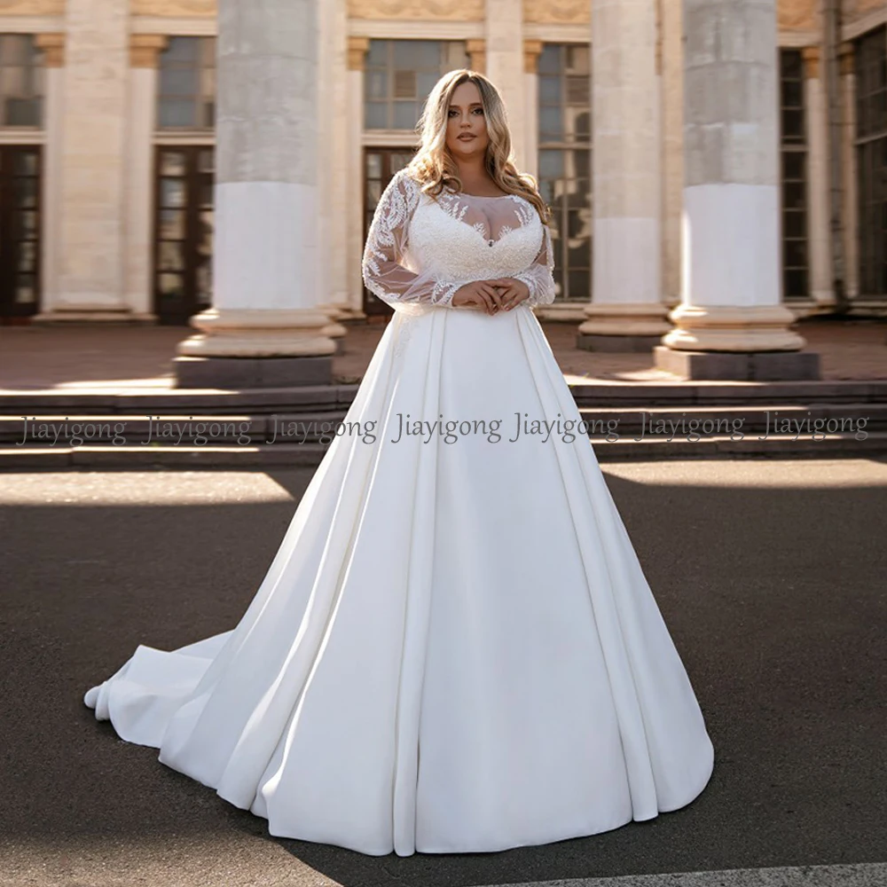 Jiayigong Charming Plus Size Wedding Dress for Bride Puff Sleeves Glitter Sequin Applique A Line Court Train Satin Bridal Gowns