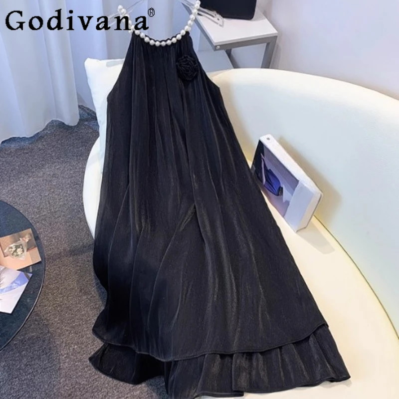 

Женские летние модные платья на бретельках большого размера с жемчугом, темпераментное французское ретро-платье с круглым вырезом, свободное однотонное платье для отдыха на море