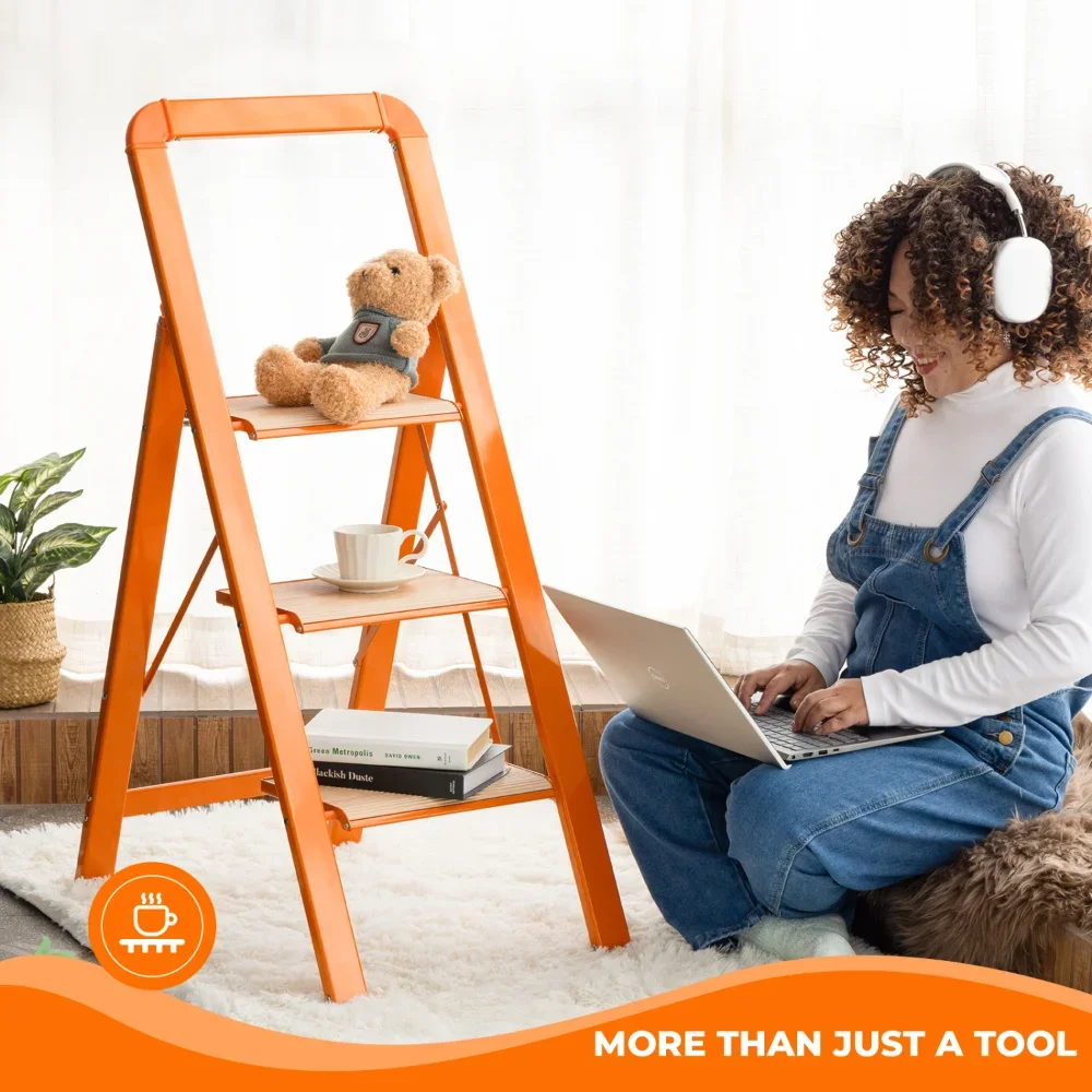 3-Step Folding Aluminum Ladder, Anti-Slip, 580 lbs, Lightweight, Sturdy, Portable