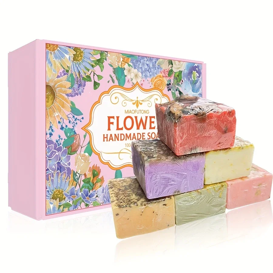 

1 Set of 6 Flower Handmade Soaps Each - Rose, Lavender, Jasmine, Cherry Blossom, Chamomile Essential Oil Infused, Natural Flower