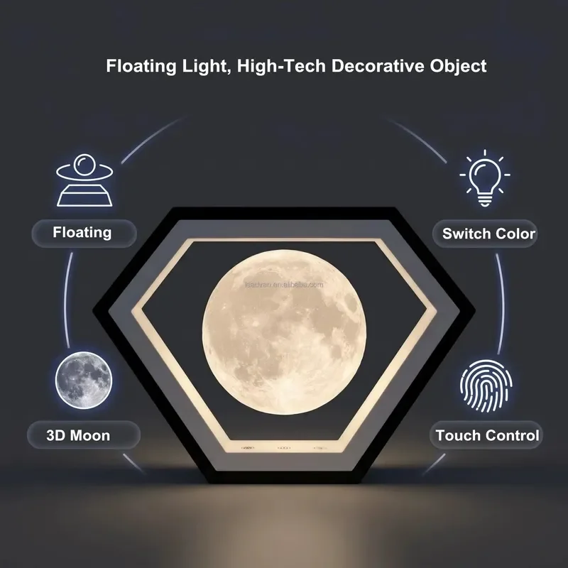 3D Printed Hexagonal Night Light Maglev Moon Lamp Voice Control Multicolor LED Decorative Lighting Smart Home Ambient Glow