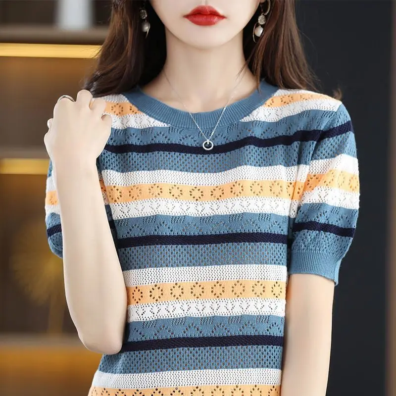 2024 Summer New Thin Fashion Crew Neck Striped Short Sleeve Commuter Loose Hollow Out Loose Sweater Knitted T-shirt Women\'s Tops