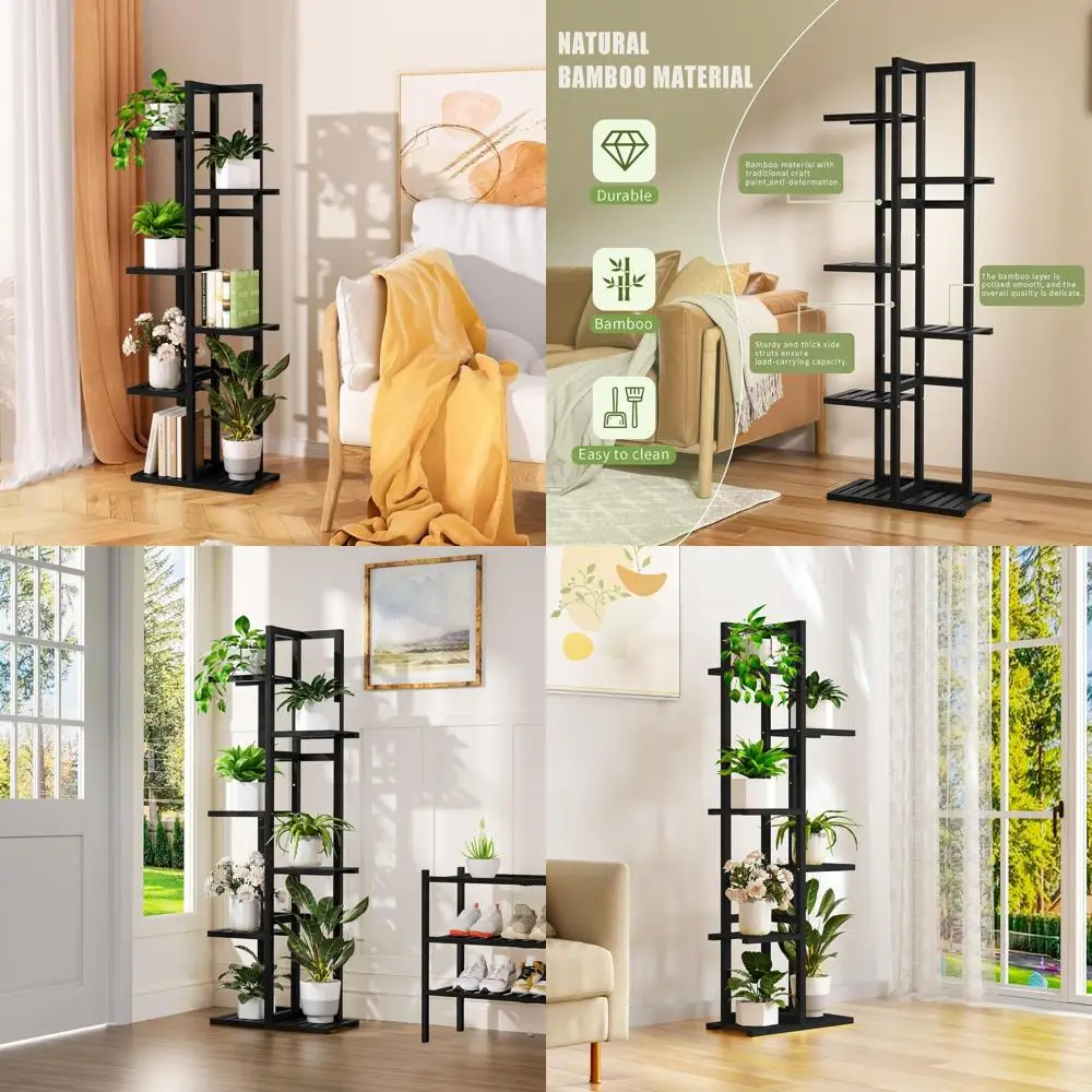 

Черная напольная подставка для растений из бамбука, 6-ярусная деревянная высокая подставка для нескольких растений