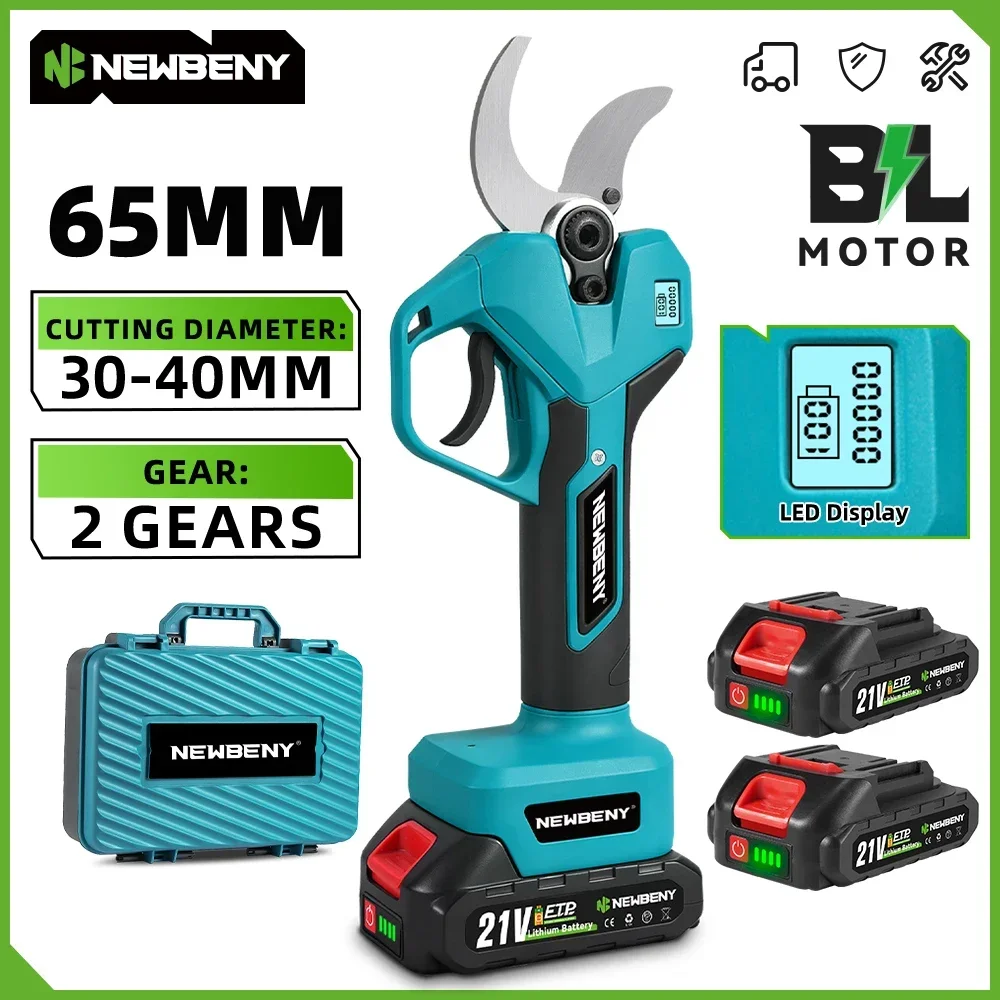 NewBeny- podadora eléctrica sin escobillas, 2 engranajes, 65mm, tijeras de podar para árboles frutales, bonsái, herramientas eléctricas para Pin de batería Makita de 18V