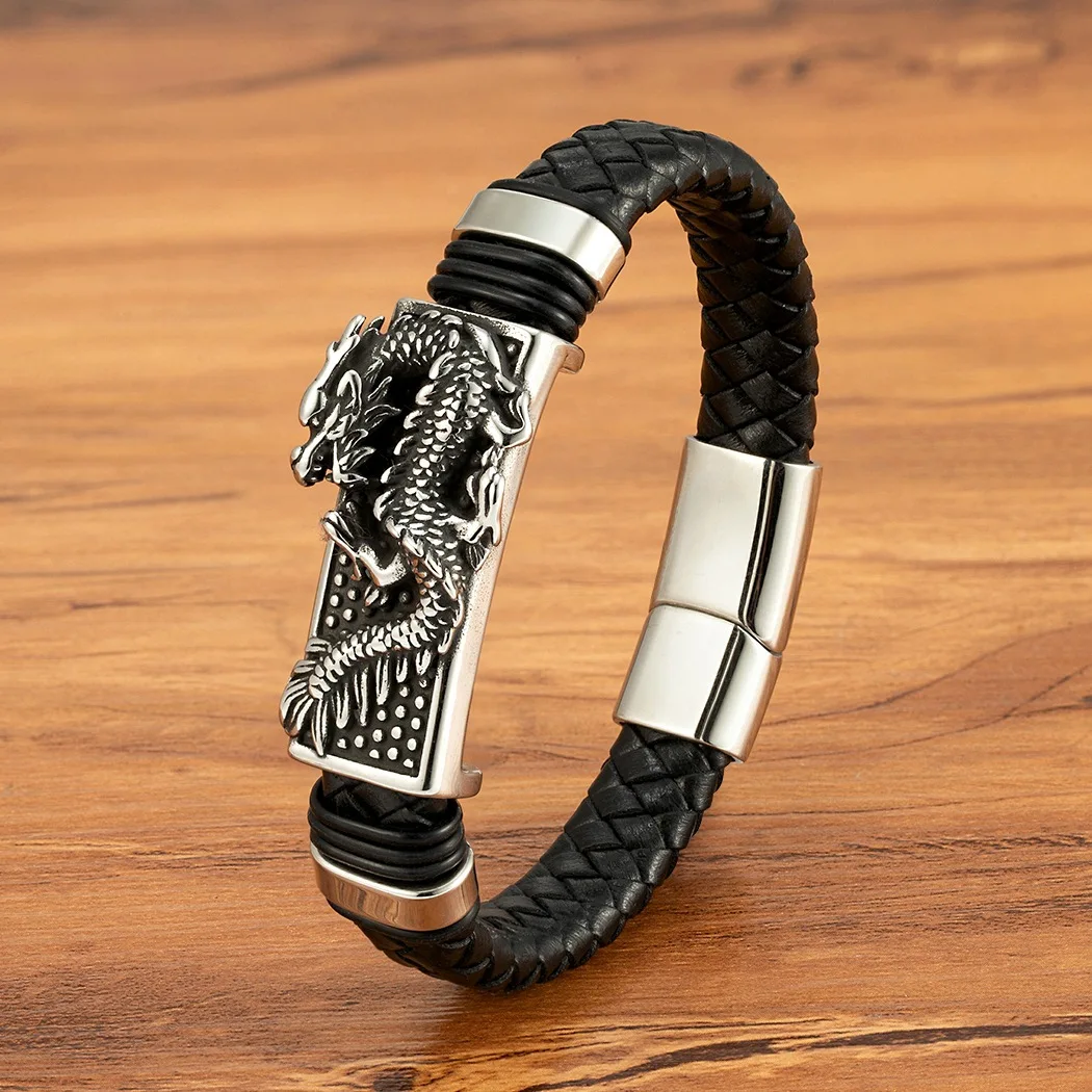 Vintage Chinoiserie Dragon Braided Leather Bracelets Men Handmade Stainless Stee Bangles Punk Male Jewelry Chinese Amulet Gifts