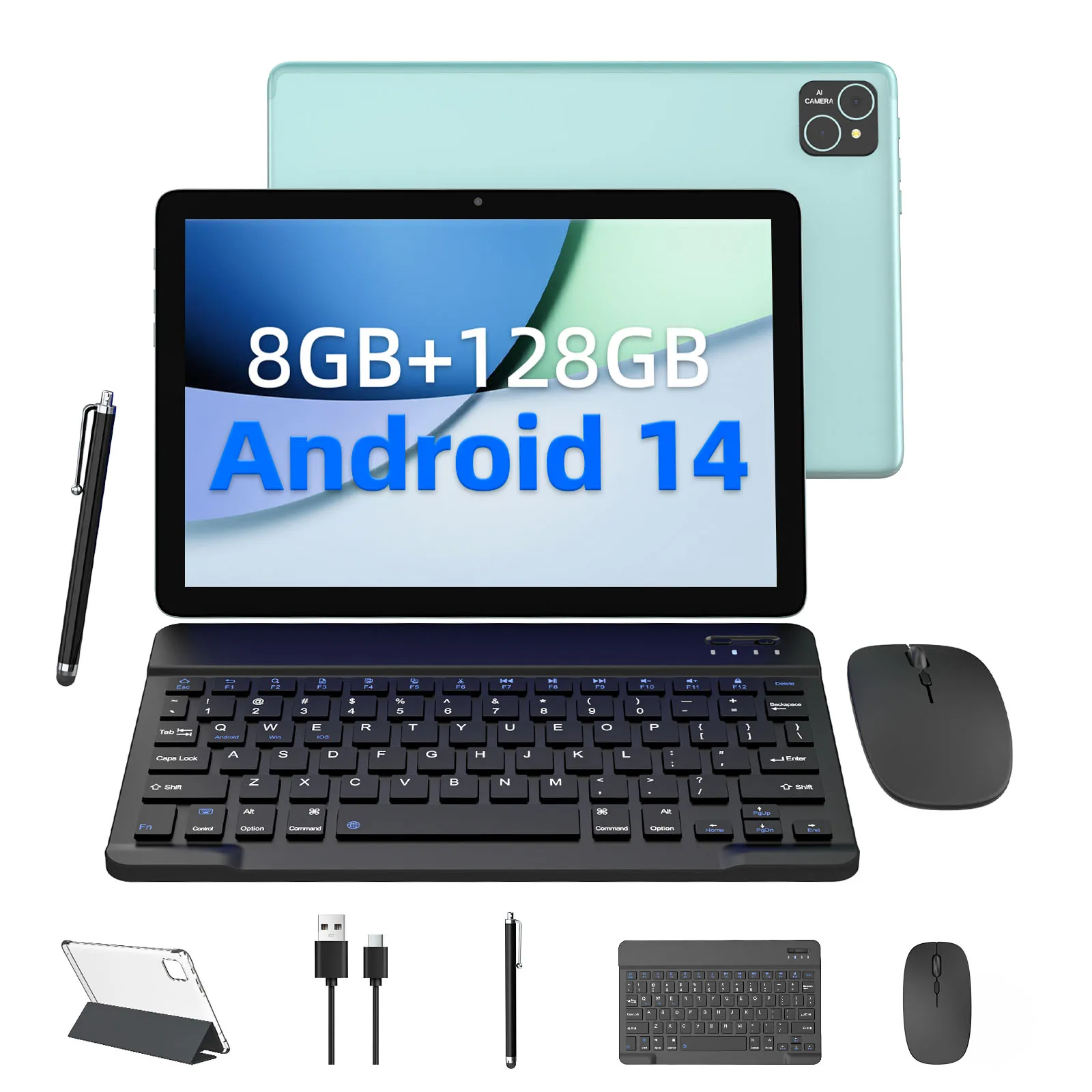 تابلت Android 14 مع لوحة مفاتيح، ماوس، حافظة واقية، قلم، معالج ثماني النواة، 8(4+4) GB+128GB، معتمد من GMS، واي فاي