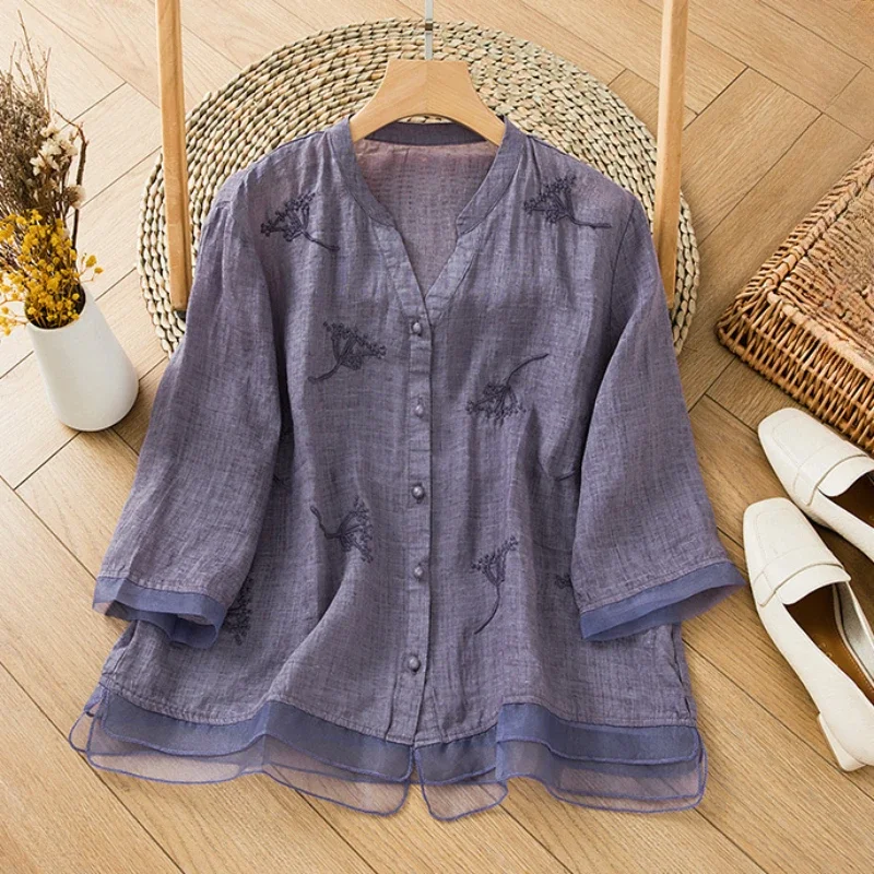 Women's Chinese Style Shirt, Cotton Linen, Vintage Blouses, Loose Embroidery Clothing, Short Sleeves, Summer Tops