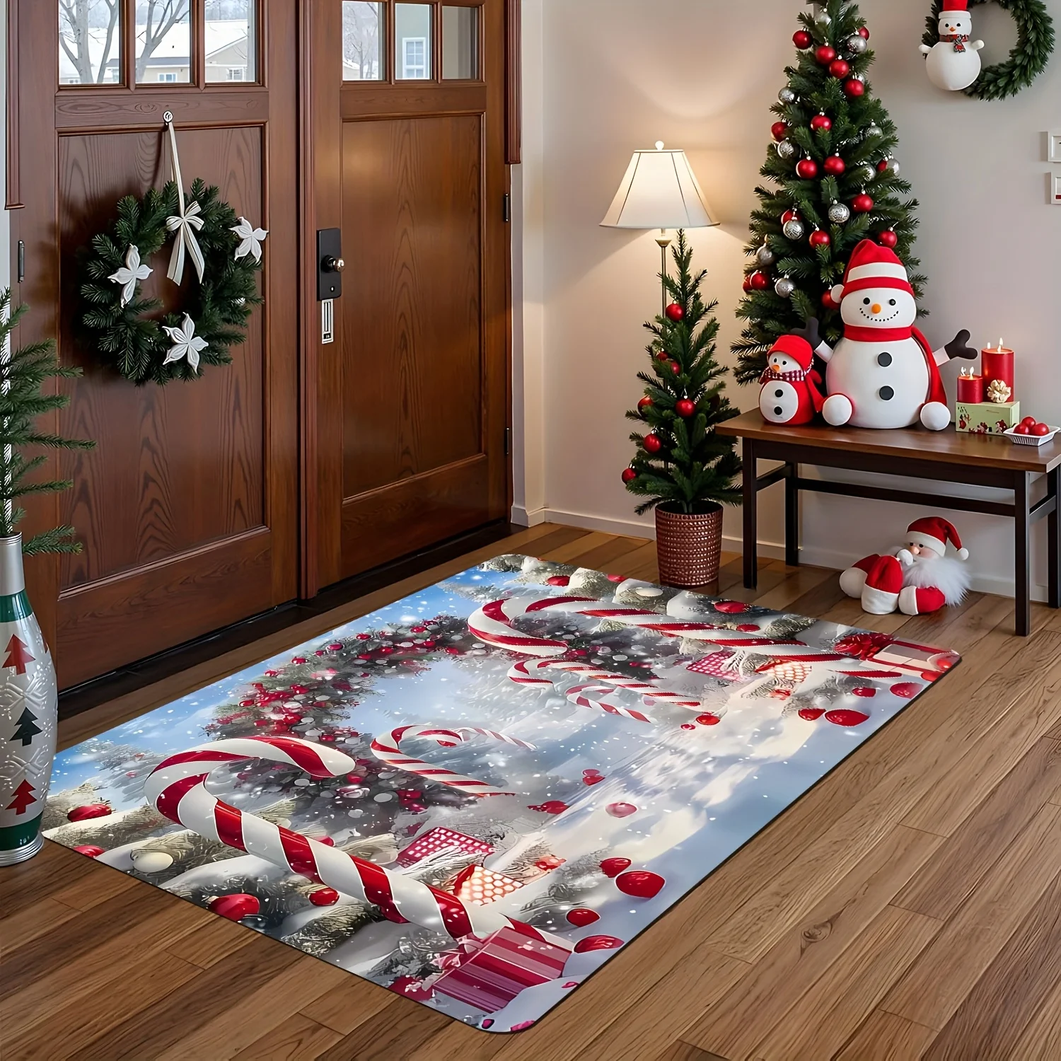 Christmas Candy Cane Doormat, 3D Snowy Winter Entrance Rug, Red Gift Box Floor Mat, Festive Holiday Decor, Non-slip Carpet