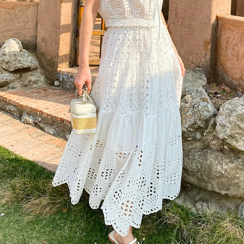Women's Clothing Hollowed-out White Half for Women Summer Long Large Swing Vacation-style Women's Clothing Half Skirt Long Skirt