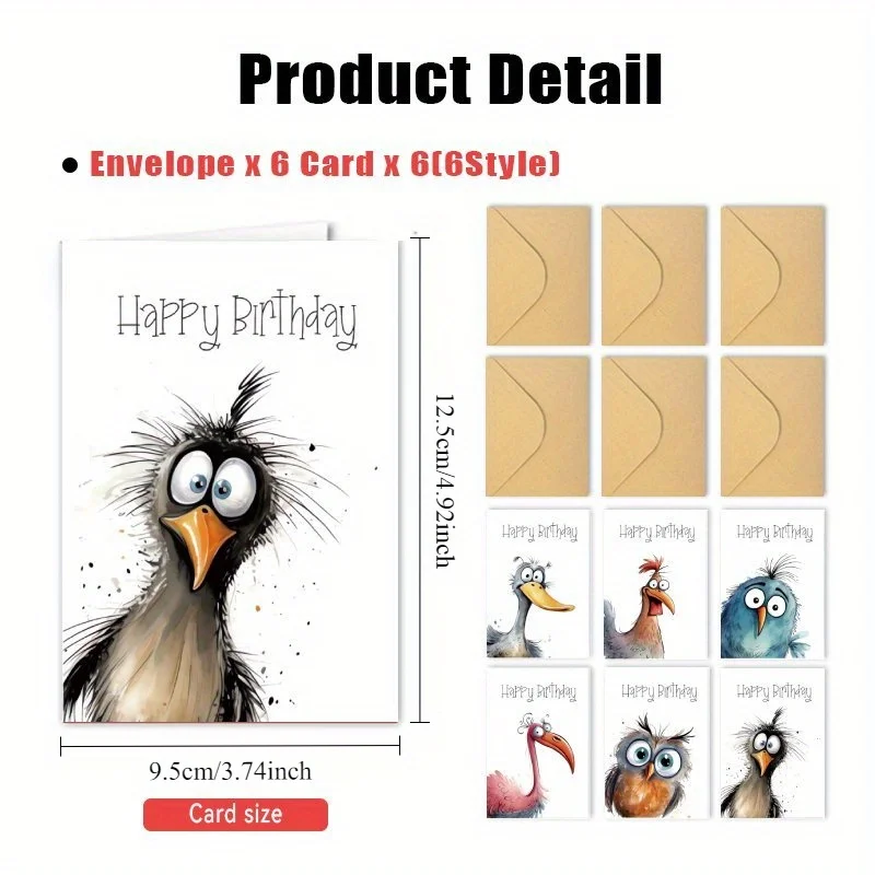 12/24pcs Funny Bird Illustration Birthday Card Set with Envelopes, Blank Note Cards for Family, and Colleagues, Wholesale Pack