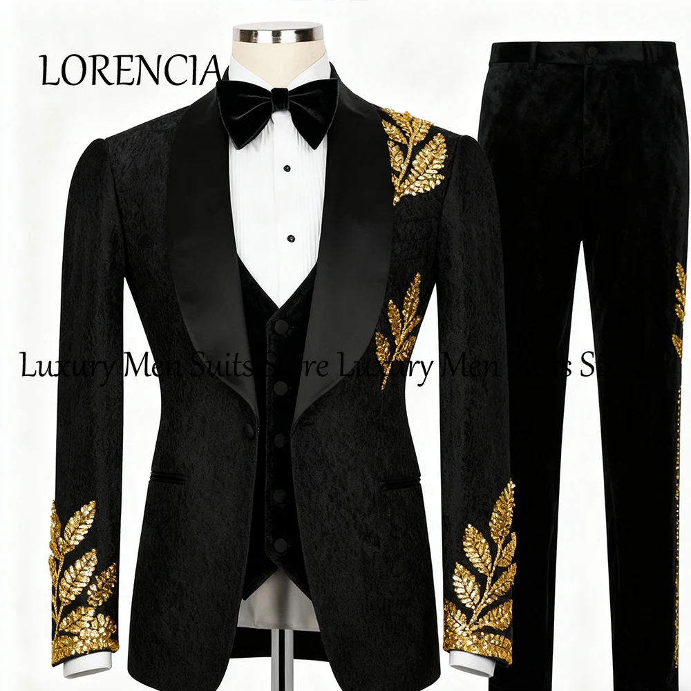 

Мужские костюмы со сверкающей аппликацией, комплект из 3-х предметов, жаккардовый воротник с шалевым воротником, смокинги для свадебной вечеринки, индивидуальный пиджак, брюки, жилет ropa hombre
