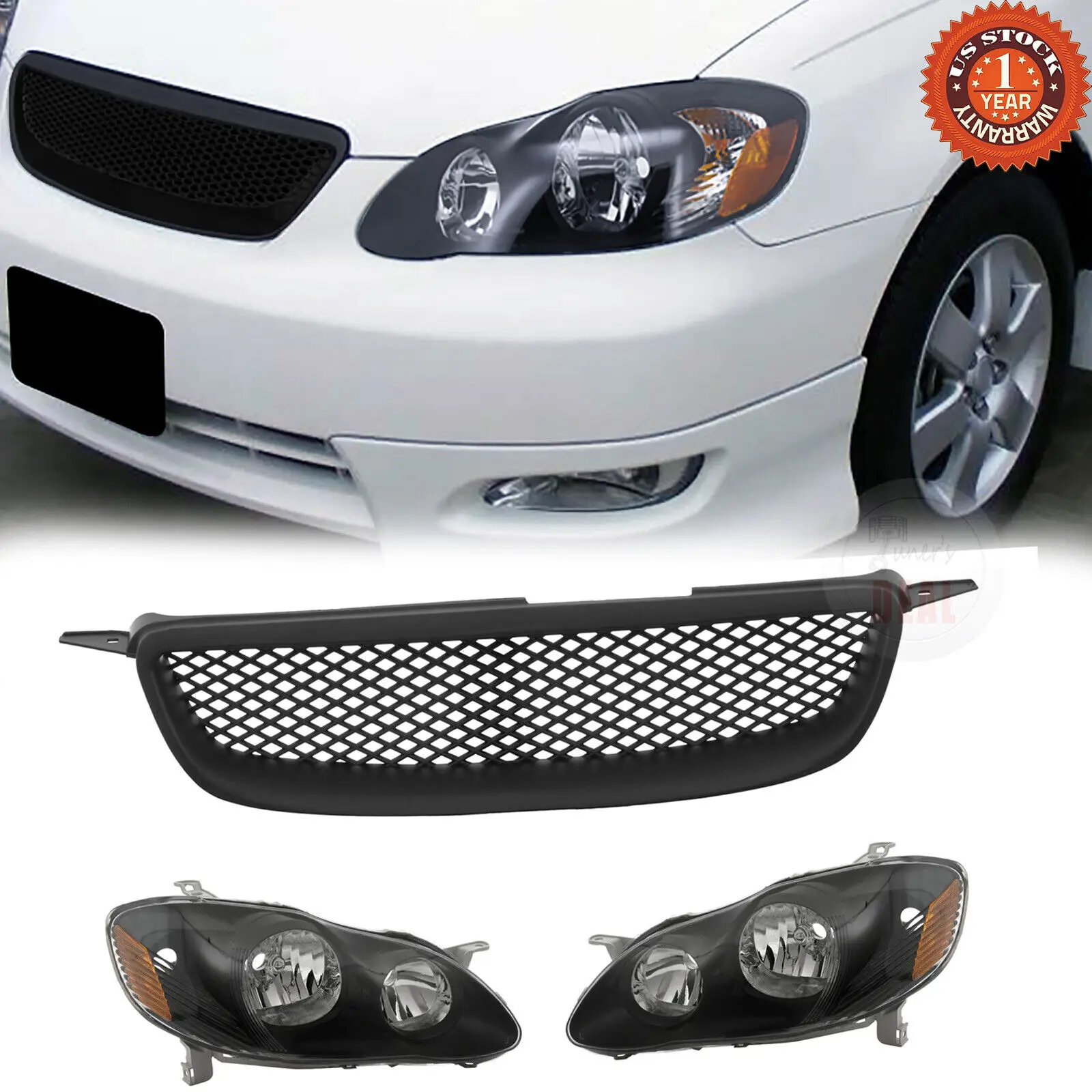 

3PCS Fits 2003-2008 Toyota Corolla Black Headlights Driver Passenger Side Pair + Grille Auto AccessoriesFront Bumper Set