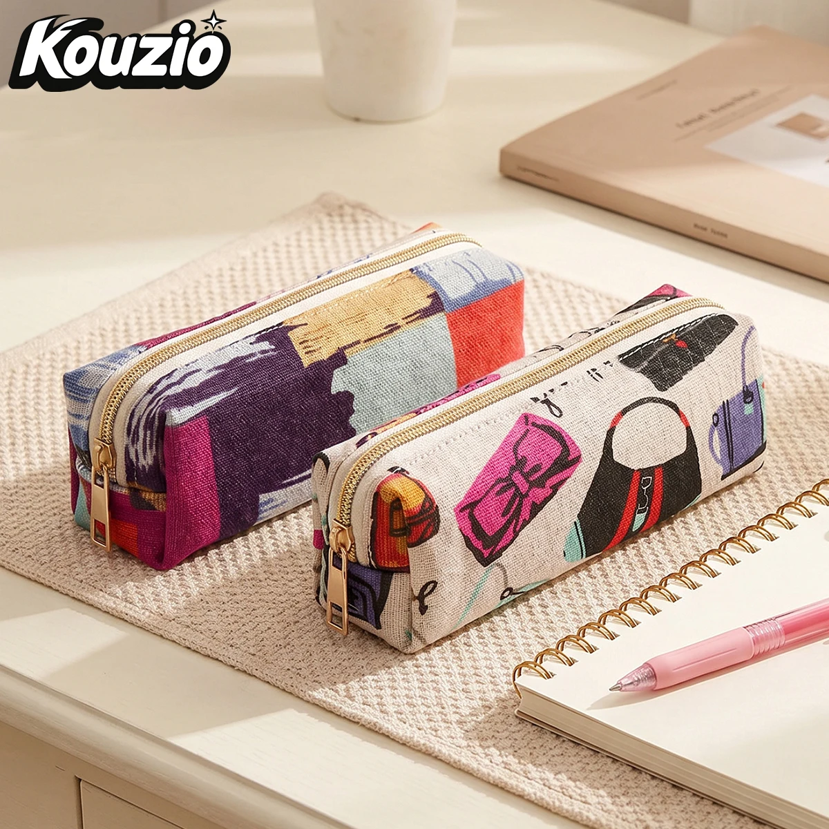 Abstract Art Print Linen Pencil Case Large Capacity Zipper Stationery Organizer Portable Pen Pouch Back To School Supplies