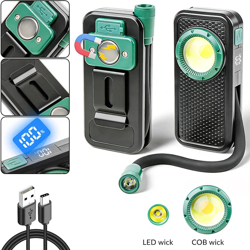 COB magnetic work light with flexible hose, car repair lamp, clip-on design with digital display and rechargeable flashlight