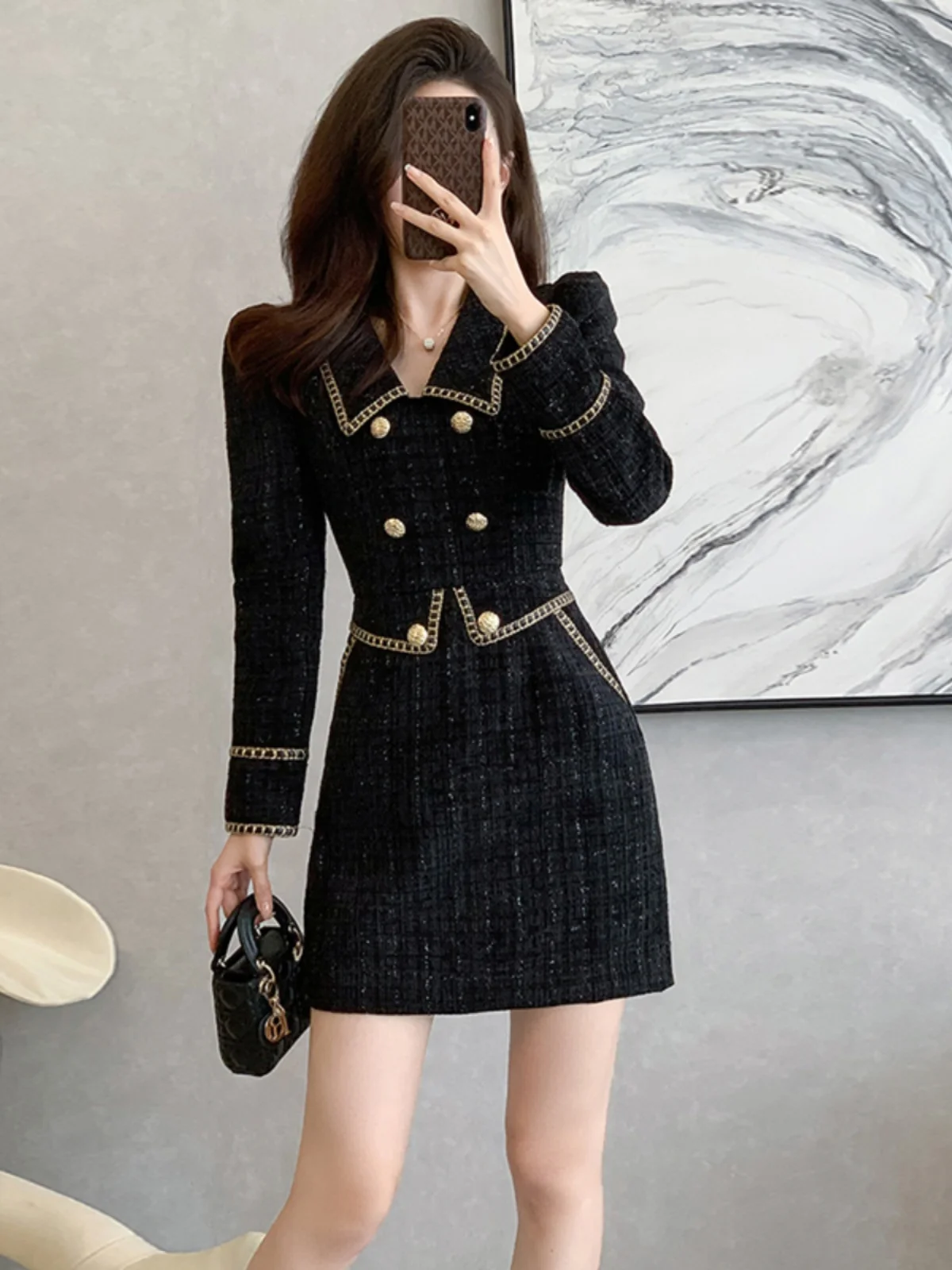 Vestido F E Estilo Hepburn Preto com Saia Godê de Cintura Alta em Tecido de Poliéster Manga Longa Curto para Ou...