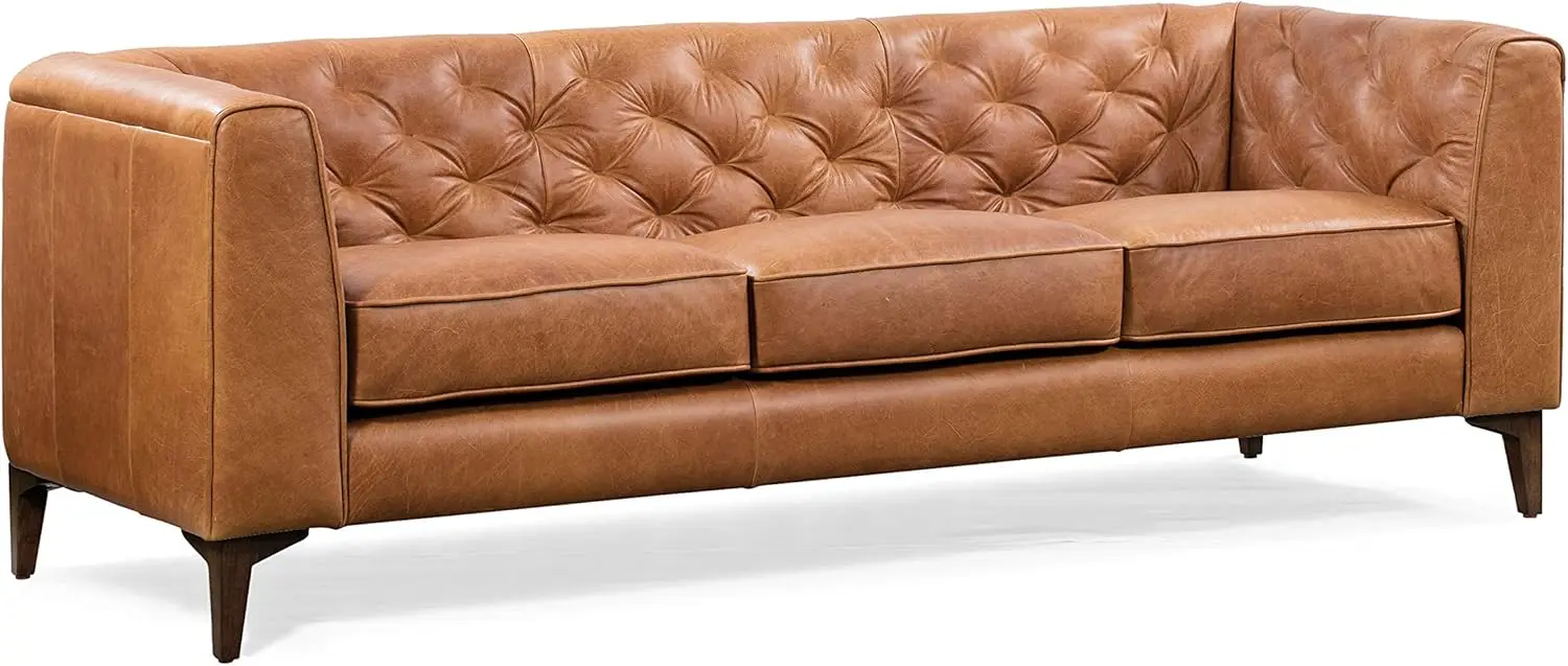 

Leather Couch 89-Inch Sofa with Tufted Back Full Grain Leather Couch with Feather Down Topper On Seating Surfaces Cognac Tan