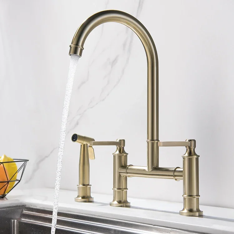 gold brushed brass tapware 2 handle kitchen faucet with sprayer bridge   hot and cold 3 mode sink