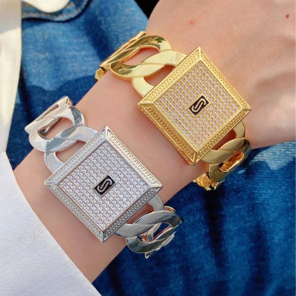 

European and American Fashion Geometric Zircon Cubic 18K Gold Full Diamond Cuban Chain Bracelet