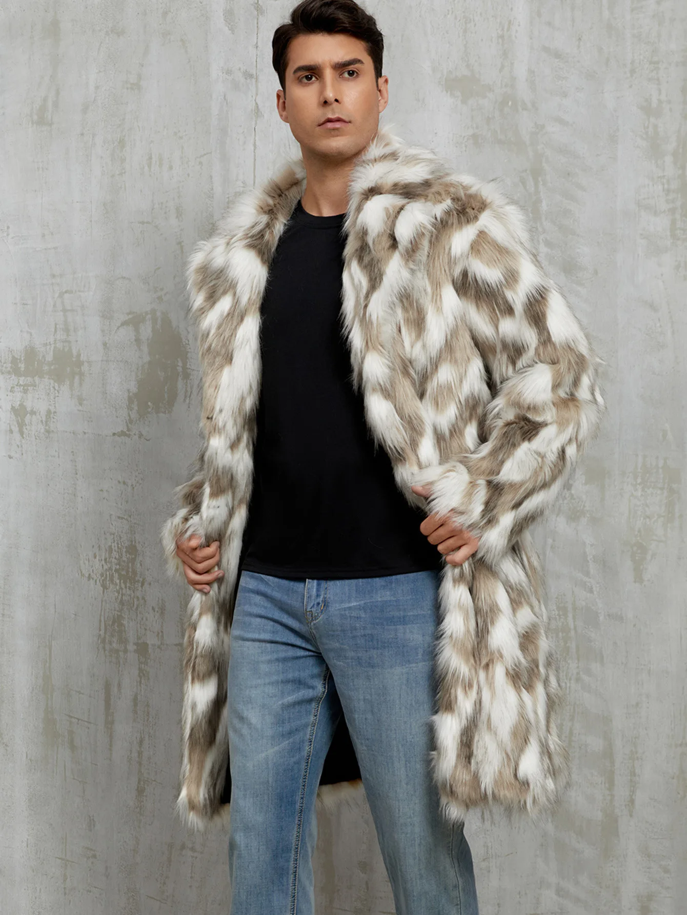 New autumn and winter contrasting color men's suit collar faux fur long warm coat coat