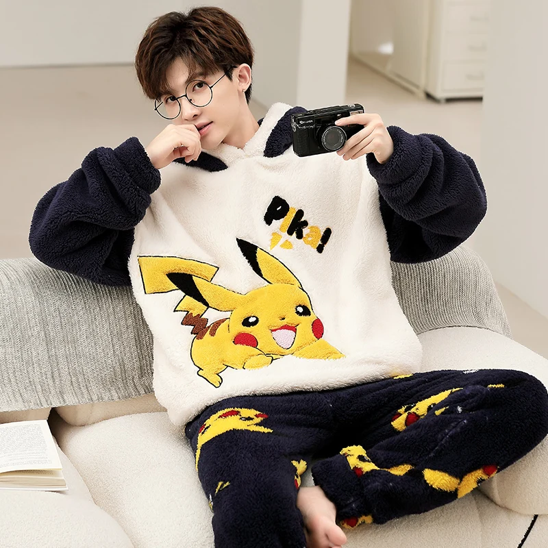 커플잠옷 Winter Coral Man Pajamas Pajama Sets Nightwear Hooded Long Sleeve Thicken Warm Flannel Sleepwear pijama hombre invierno