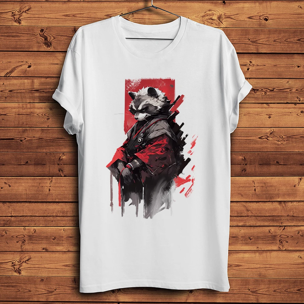 Vintage Samurai Raccoon Swordsman Warrior Funny T Shirt Men Casual Short Sleeve TShirt Unisex Streetwear Tee Breathable Print