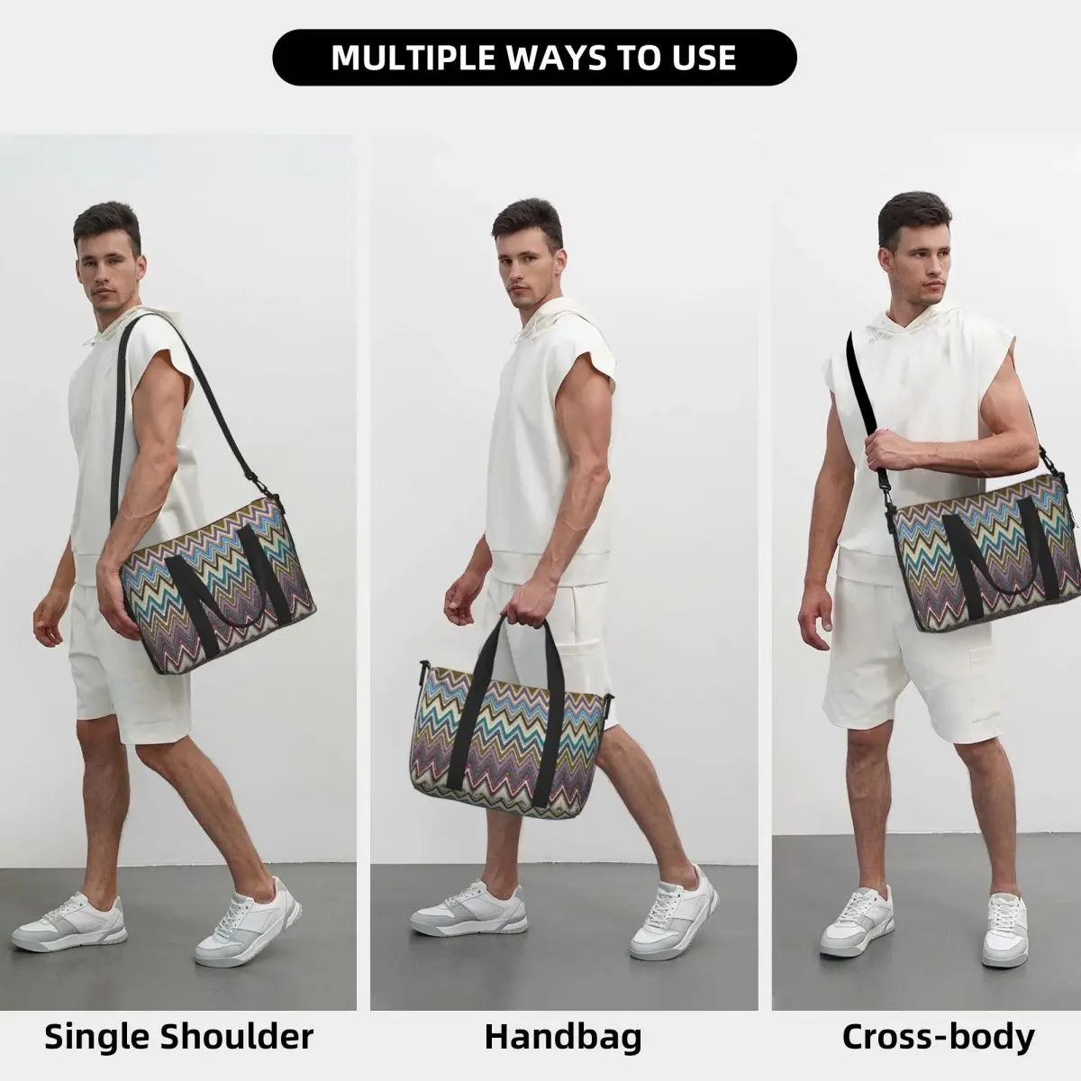 Tas Tote Perjalanan Pantai Multiwarna Geometris Zigzag Modern Boho Chic untuk Tas Bahu Duffel Belanja Wanita Olahraga Gym