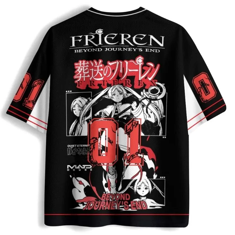 New Anime 2D Frieren V-neck Short-sleeve Sousou No Frieren Merchandise Casual Sports Double-sided Print Plus-size T-shirt