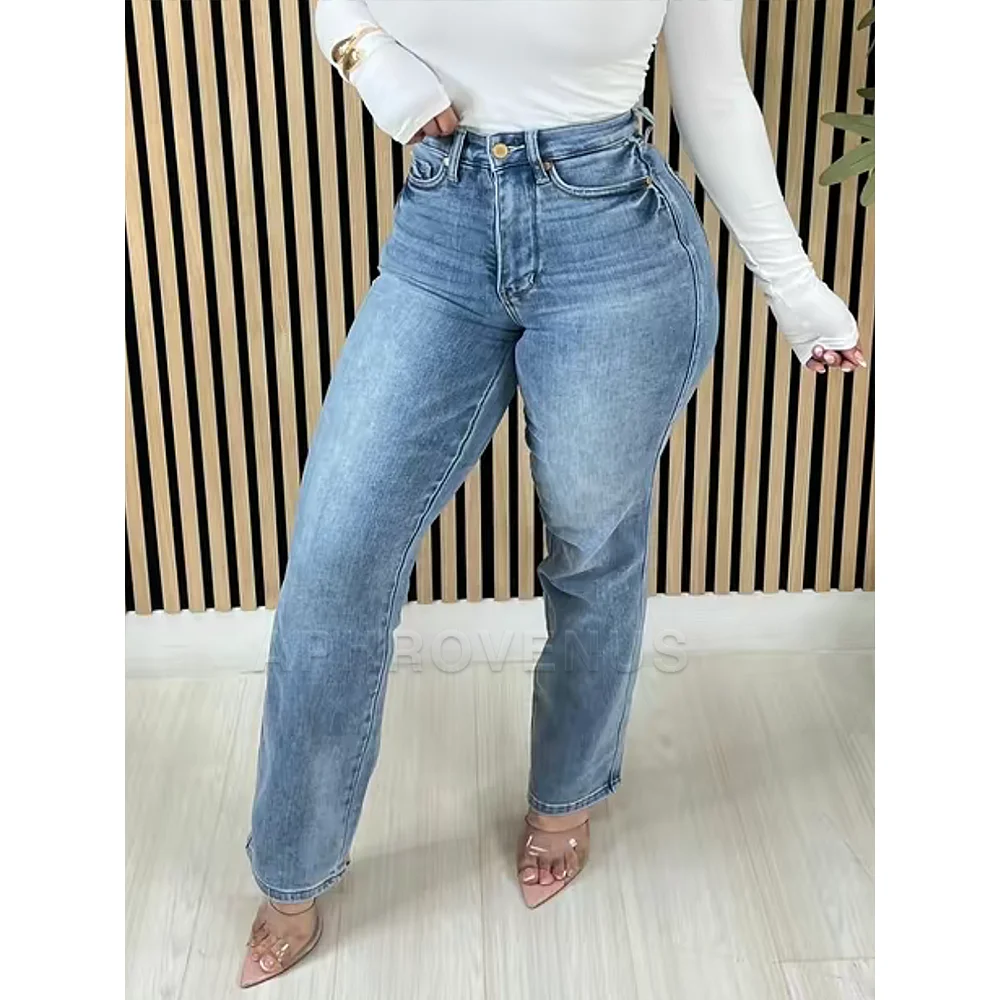กางเกงยีนส์ทรงขาบานเอวสูงสำหรับผู้หญิง ช่วยเก็บหน้าท้อง ผ้ายืด ยีนส์เดนิมทรงเรโทร ขากว้าง